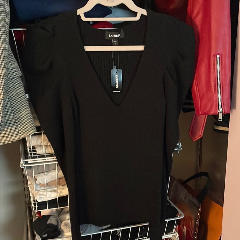 Express Black Ribbed V-Neck Dress